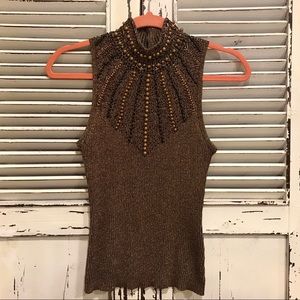 Cache silk blend embellished turtleneck top